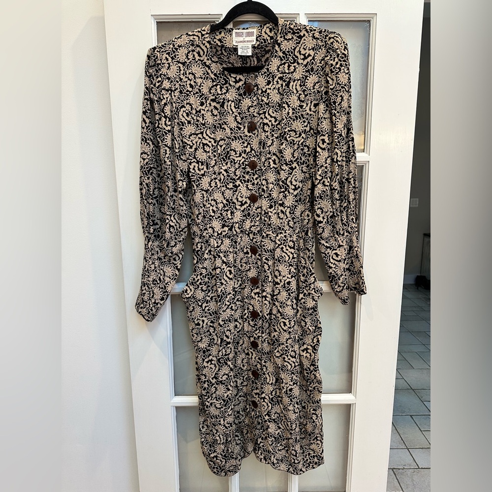 Vintage Maggy London Elegant Black & Tan Floral Button Down Midi Dress Size 12